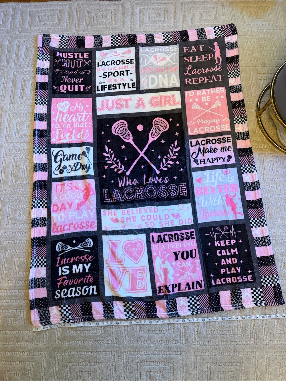 Pink & Black 'Who Loves Lacrosse' Patchwork Throw